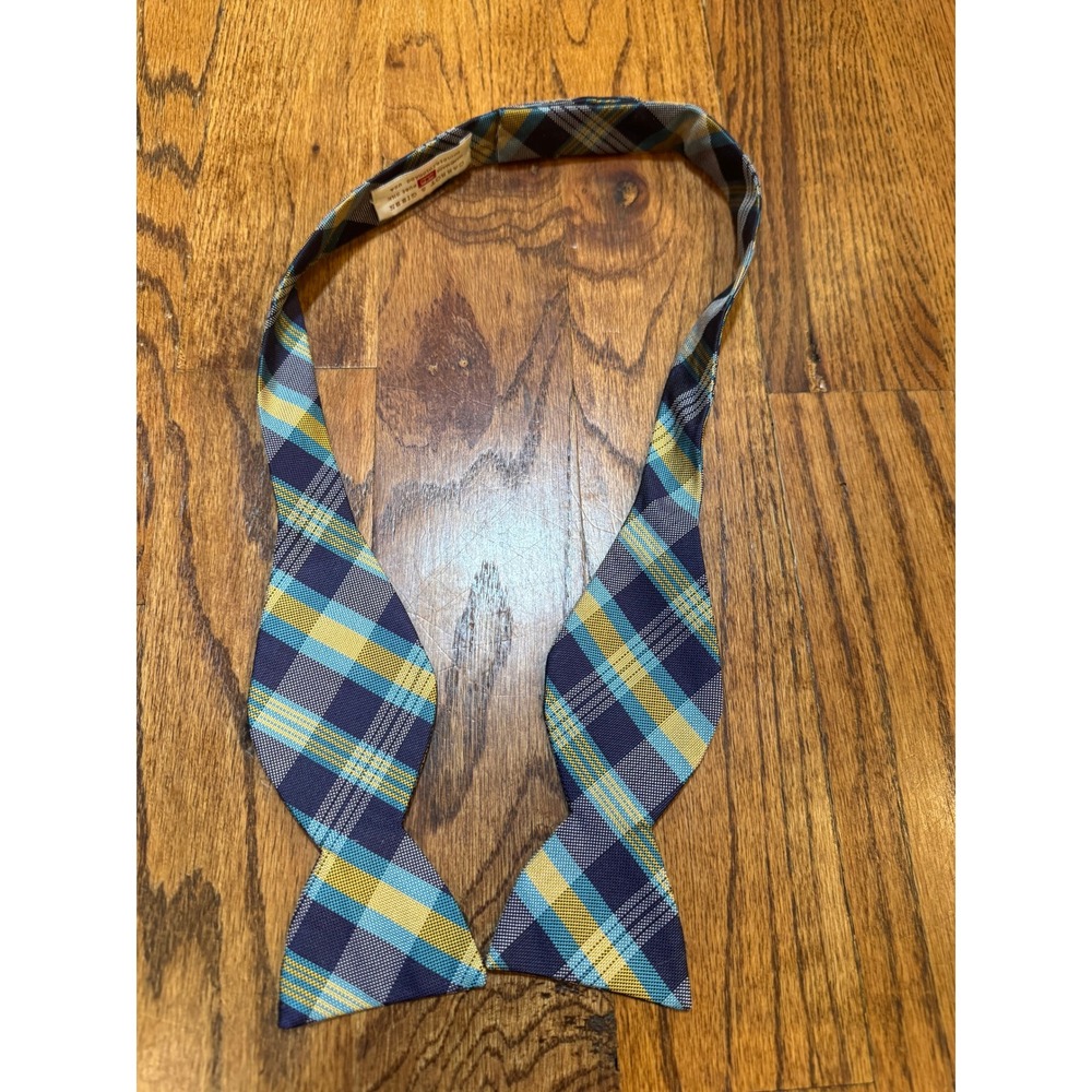 Carrot‎ & Gibbs Mens Pure Silk Self Tie Bow Tie Blue Yellow Plaid Handmade USA